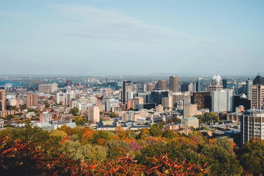 Panorámica de Montréal con árboles otoñales en primer plano