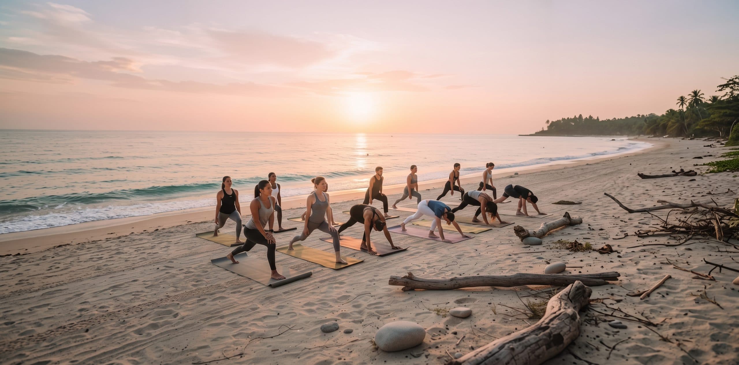 Grupo practicando yoga en una playa al atardecer