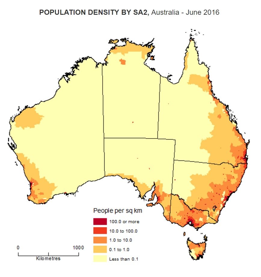 Australia es un país gigante, pero solo el 2% vive en la zona amarilla 